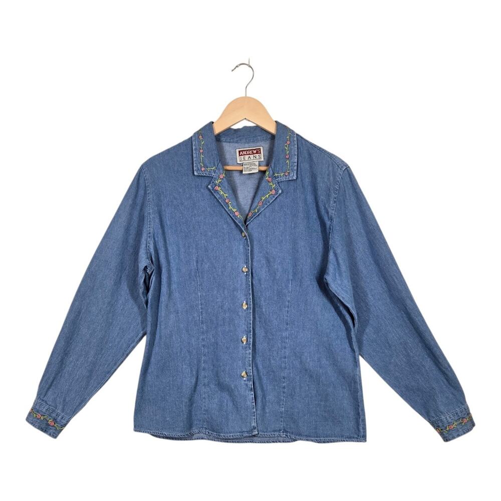 Vintage Andrew's Jeans Denim Shirt PL Blue Floral Embroidered Cottagecore Casual